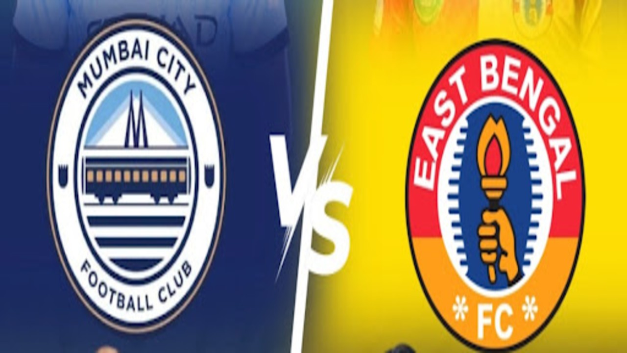 “Mumbai City FC vs East Bengal football match action with players competing for the ball on field”